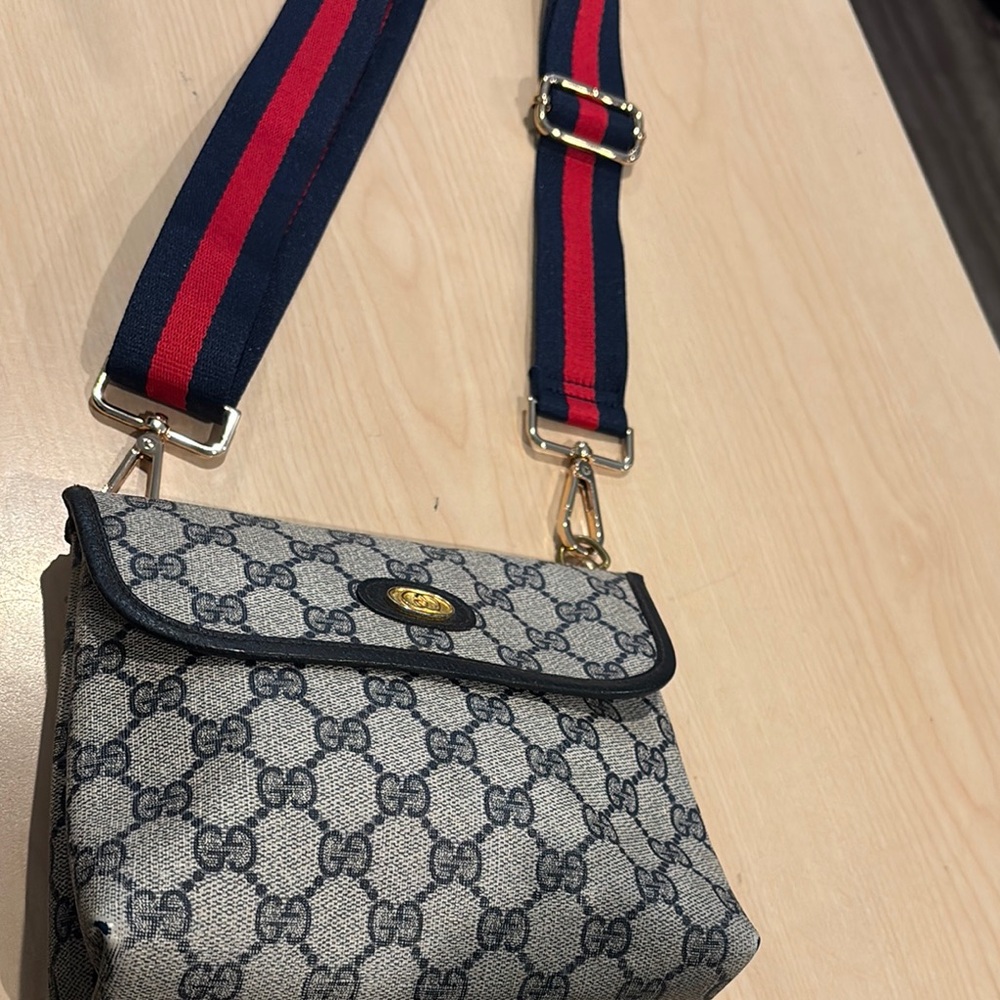 Gucci Gray Crossbody Bag with Monogram Pattern and Added Adjustable Strap